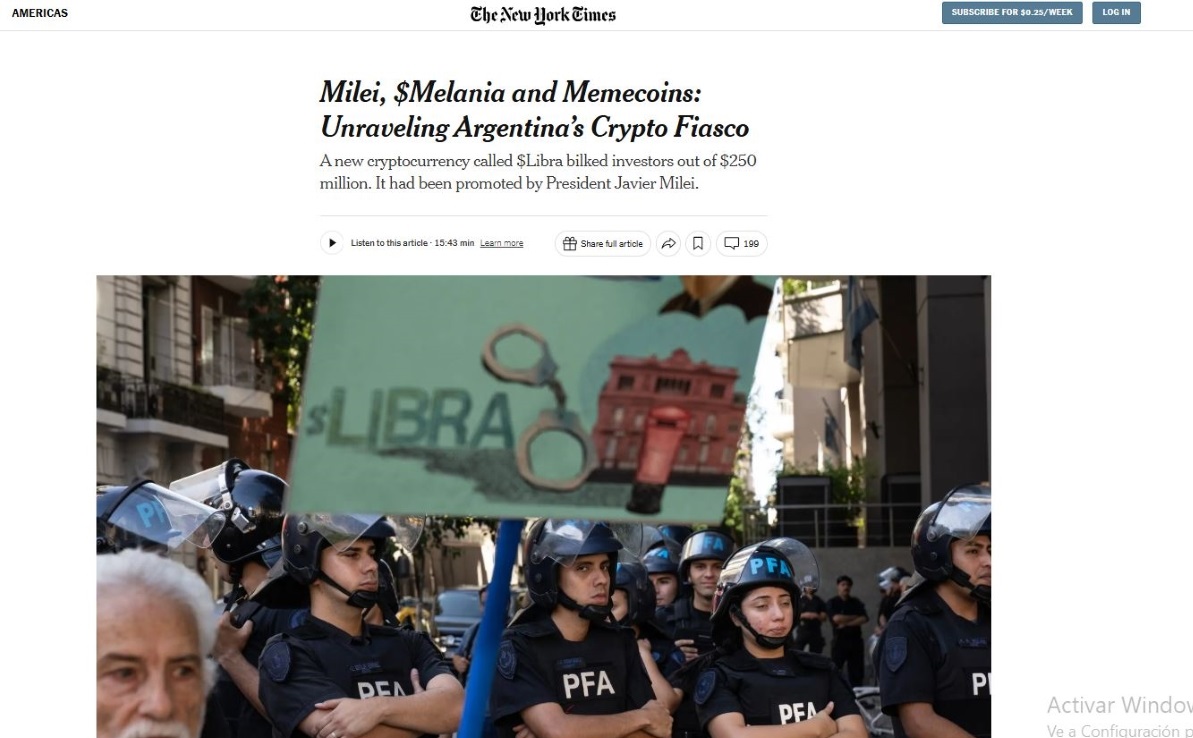 La noticia en el New York Times: “Milei, $Melania y memecoins: desenredando la cripto estafa argentina”. Créditos: NYT