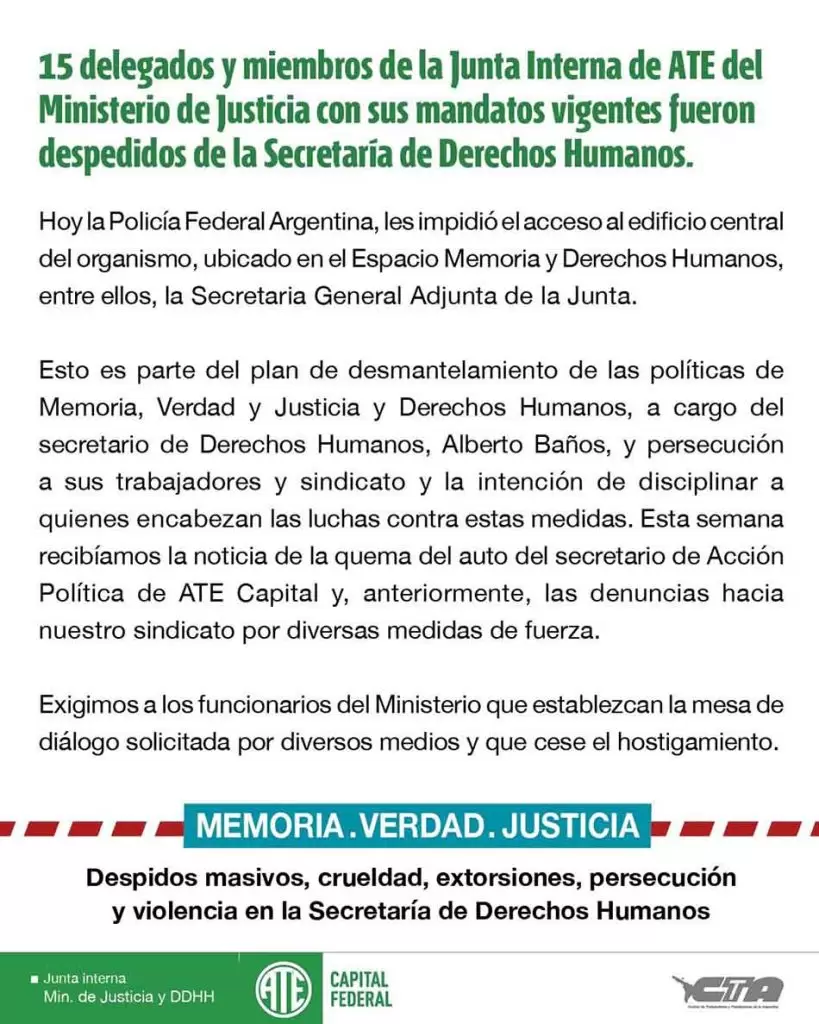 Comuniado por despedidos de la Secretaria de Derechos Humanos Comunicado de ATE